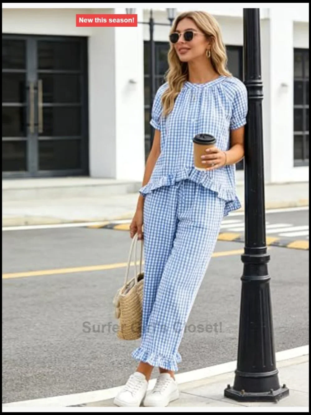 Women's 2 Piece Gingham Pajama Set Cotton Button Down Short Sleeve Ruffle